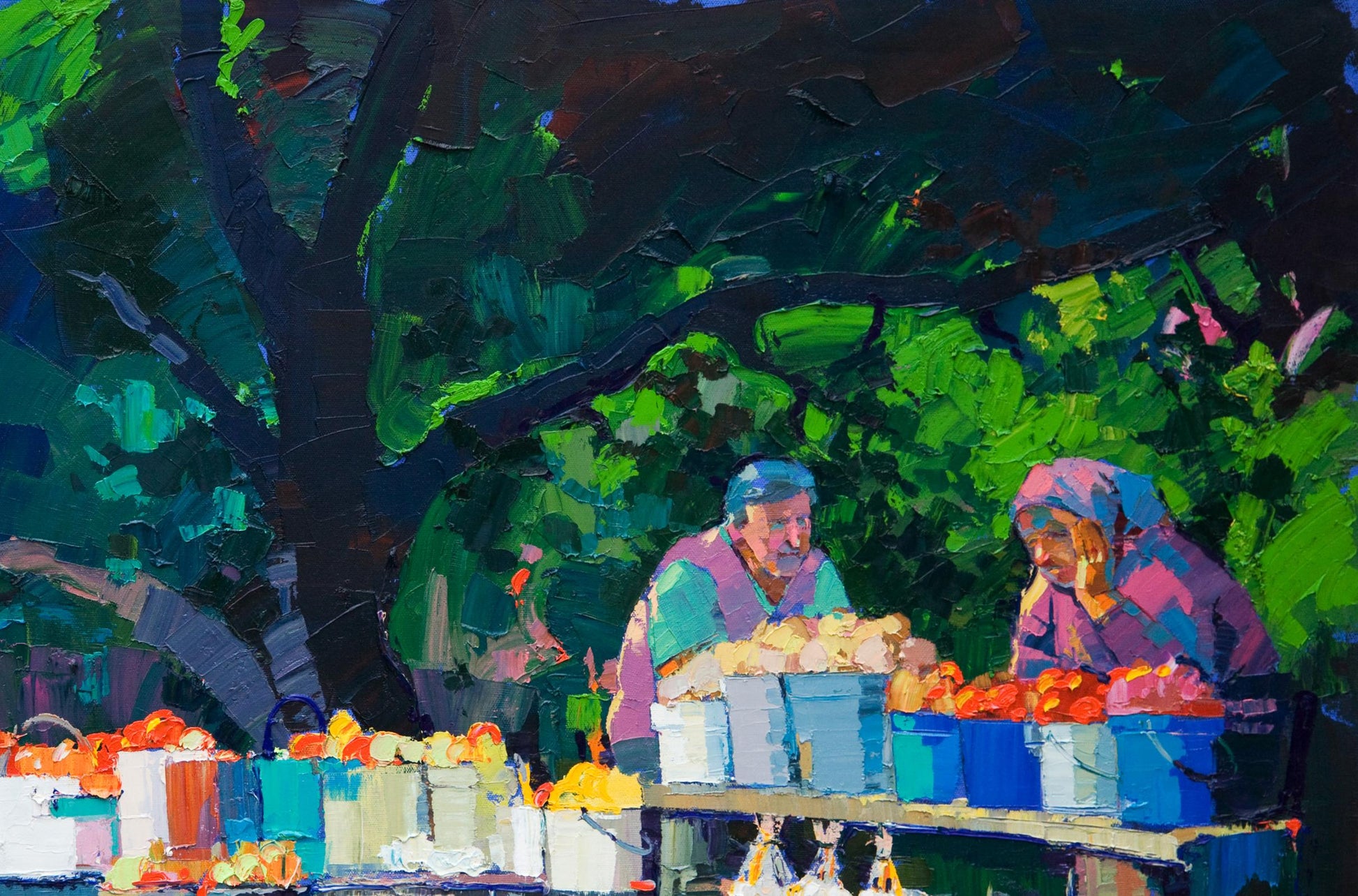 Vibrant impressionist oil painting of women bargaining at roadside fruit stand by Natalia Korf-Ivaniuk