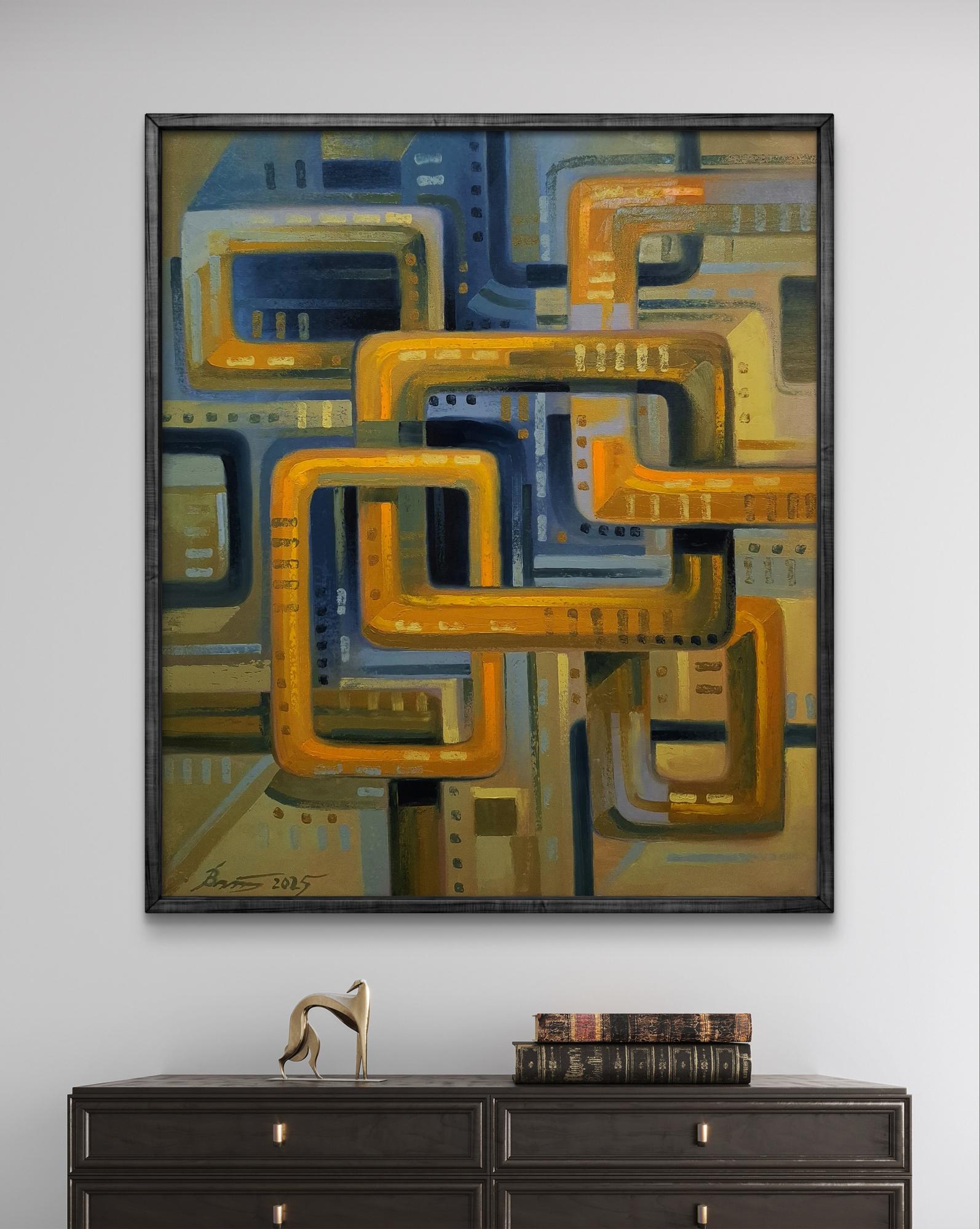 Oil painting Interaction by Sergiy Voichenko: yellow blue geometric shapes framed