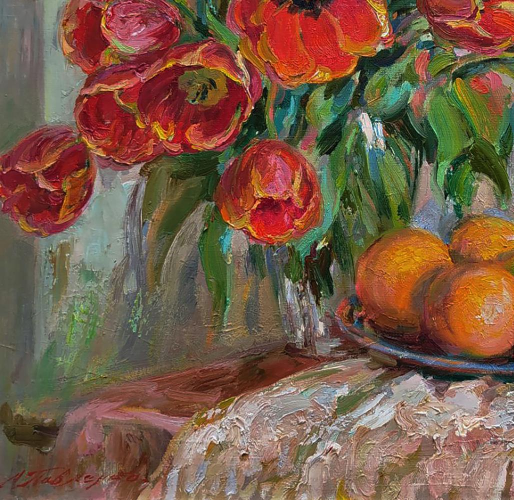 Oil painting of vibrant red orange tulips by Leonid Pavlenko