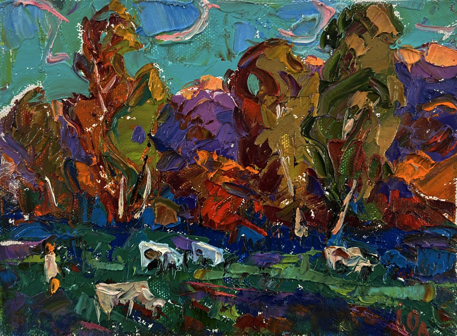 Vibrant Evening Forest oil painting by Oleksiy Ivanyuk with impressionist brushstrokes