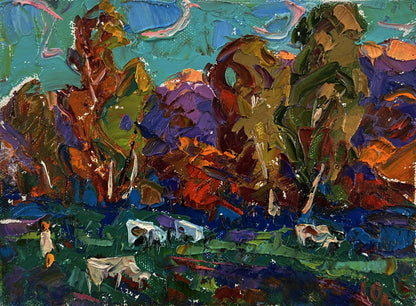 Vibrant Evening Forest oil painting by Oleksiy Ivanyuk with impressionist brushstrokes