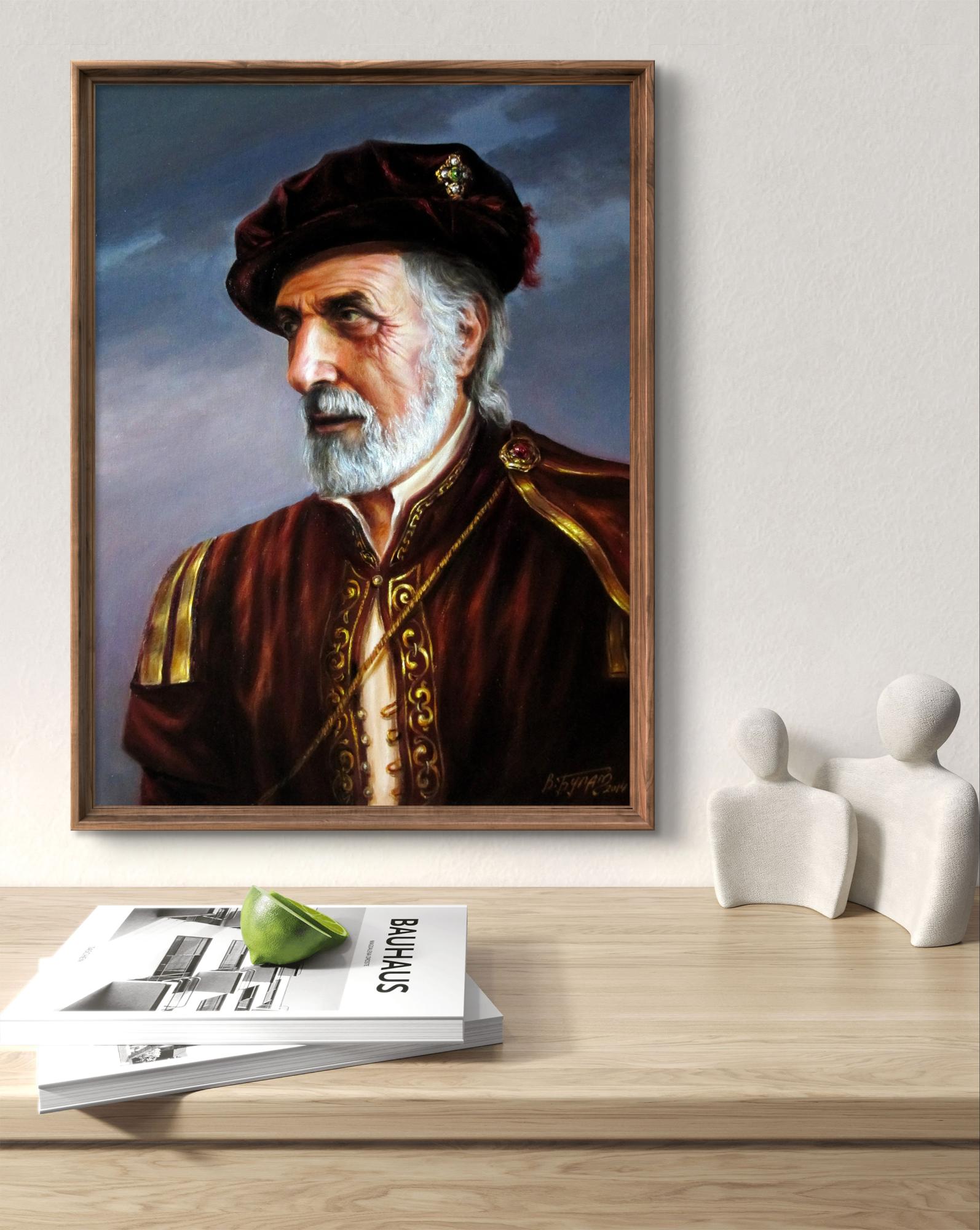 Framed oil portrait of elderly man in red uniform from The Merchant of Venice by Valeriy Bulat