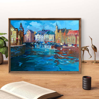 Framed impressionist oil painting of Venice harbor by Yuriy Suprunchuk