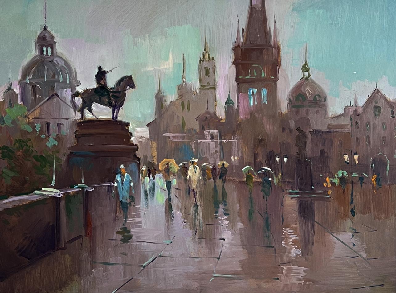 Oil painting of rainy city square with bronze equestrian statue by Yuriy Suprunchuk
