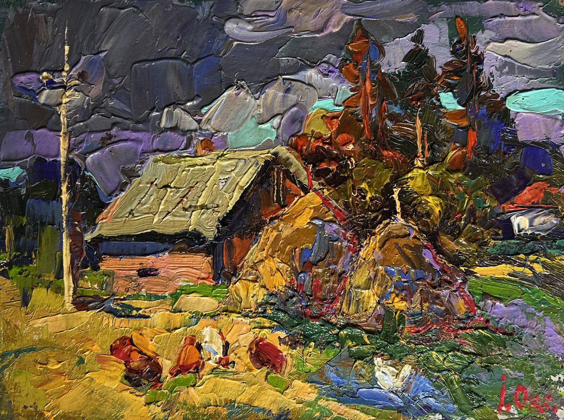 Oil painting In the village after the rain by Oksana Ivanyuk rustic cabin scene