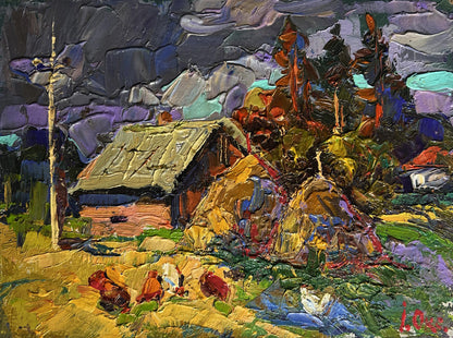 Oil painting In the village after the rain by Oksana Ivanyuk rustic cabin scene