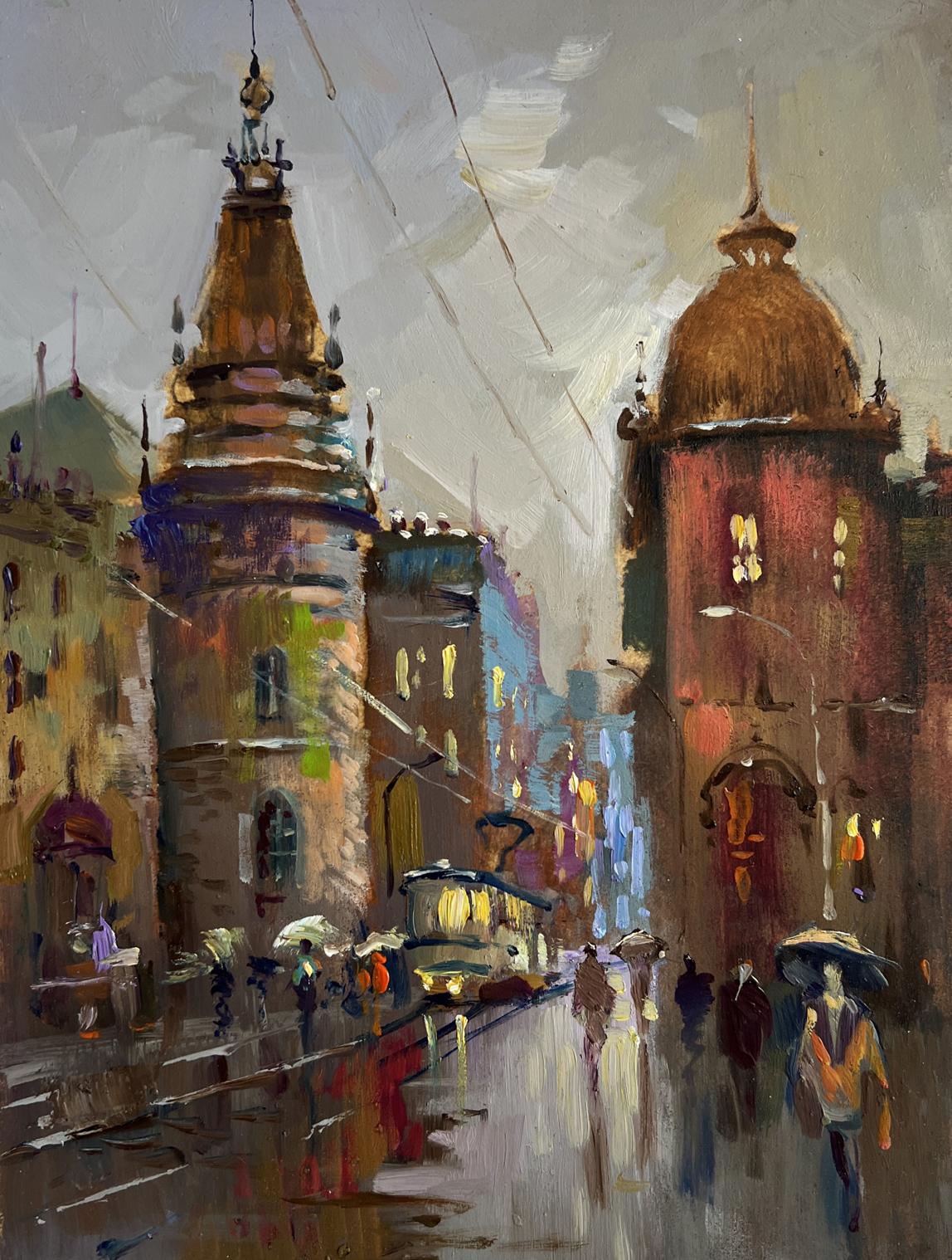 Impressionistic oil painting of rainy city street by Yuriy Suprunchuk