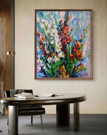 Oil painting Summer gladiolus by Oksana Ivanyuk in wooden frame