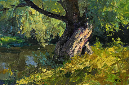 Oil painting of tree near river by Boris Serdyuk, textured trunk and green foliage