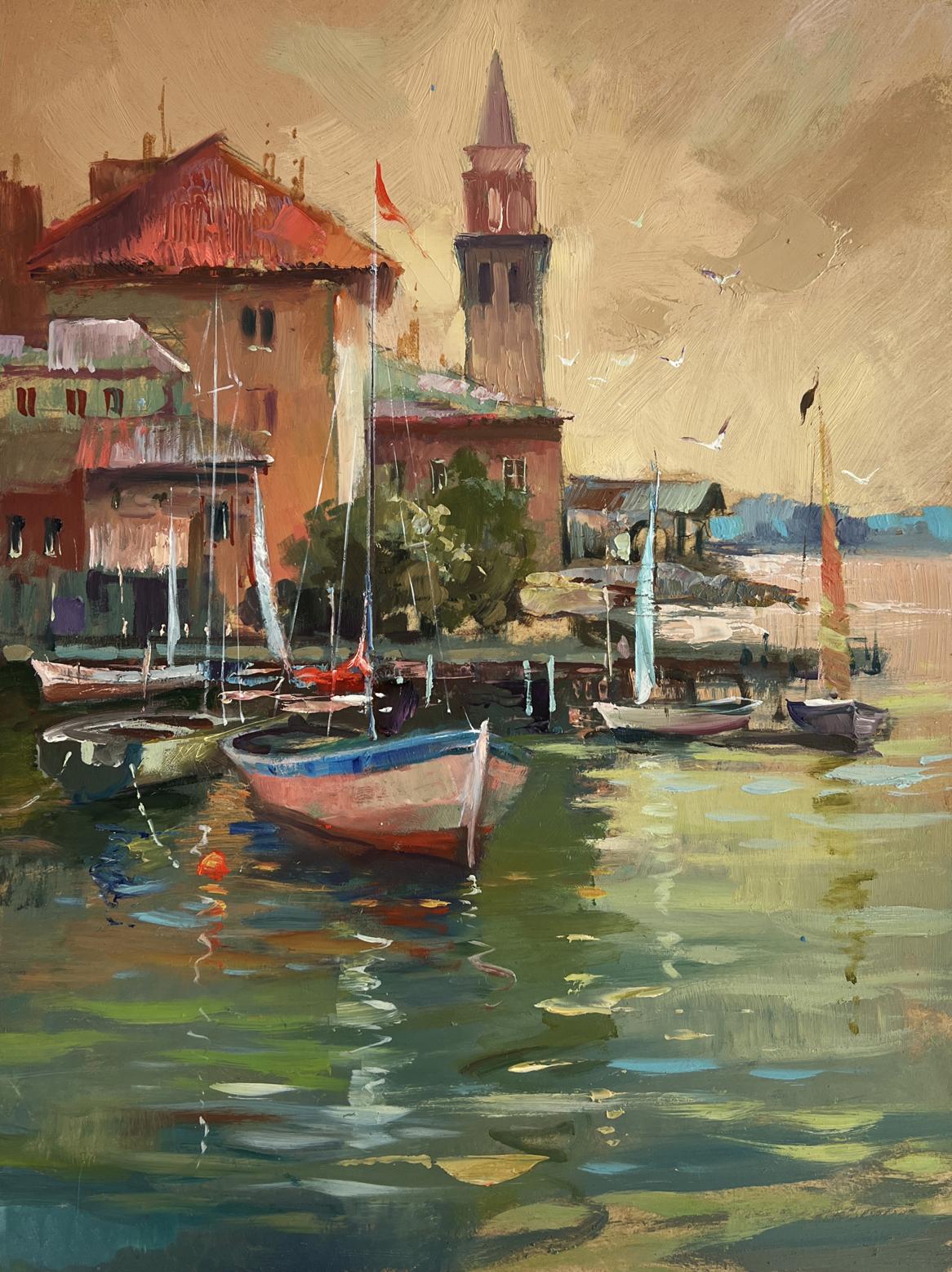 Oil painting of Venice port harbor at sunset by Yuriy Suprunchuk