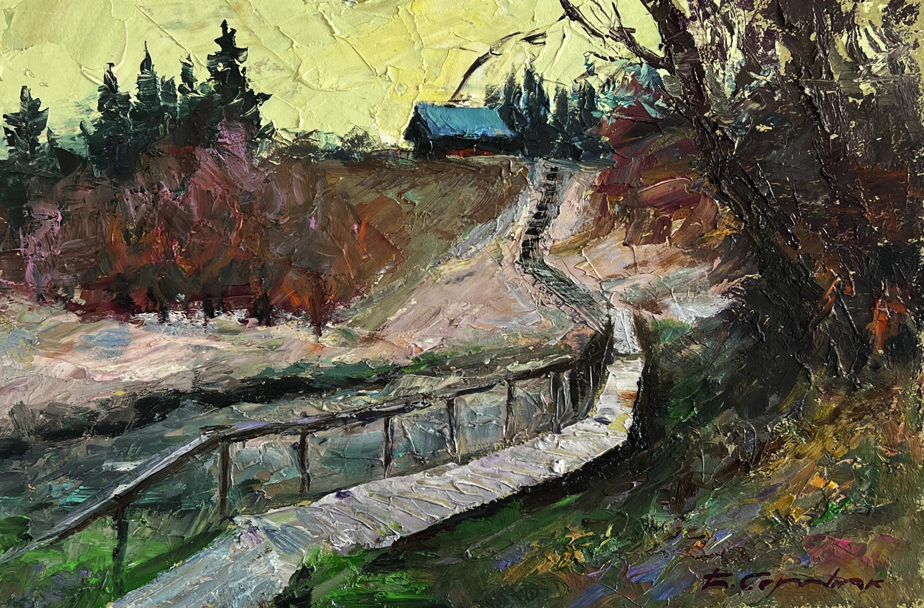 Oil painting of rustic village bridge by Boris Serdyuk