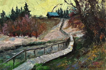 Oil painting of rustic village bridge by Boris Serdyuk
