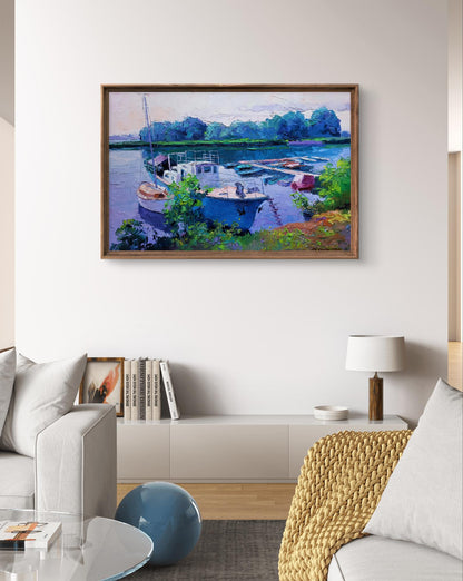 Oil painting Ferry by Boris Serdyuk: boats in vibrant blue green harbor