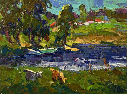 Vibrant impressionist oil painting Near the river by Oksana Ivanyuk