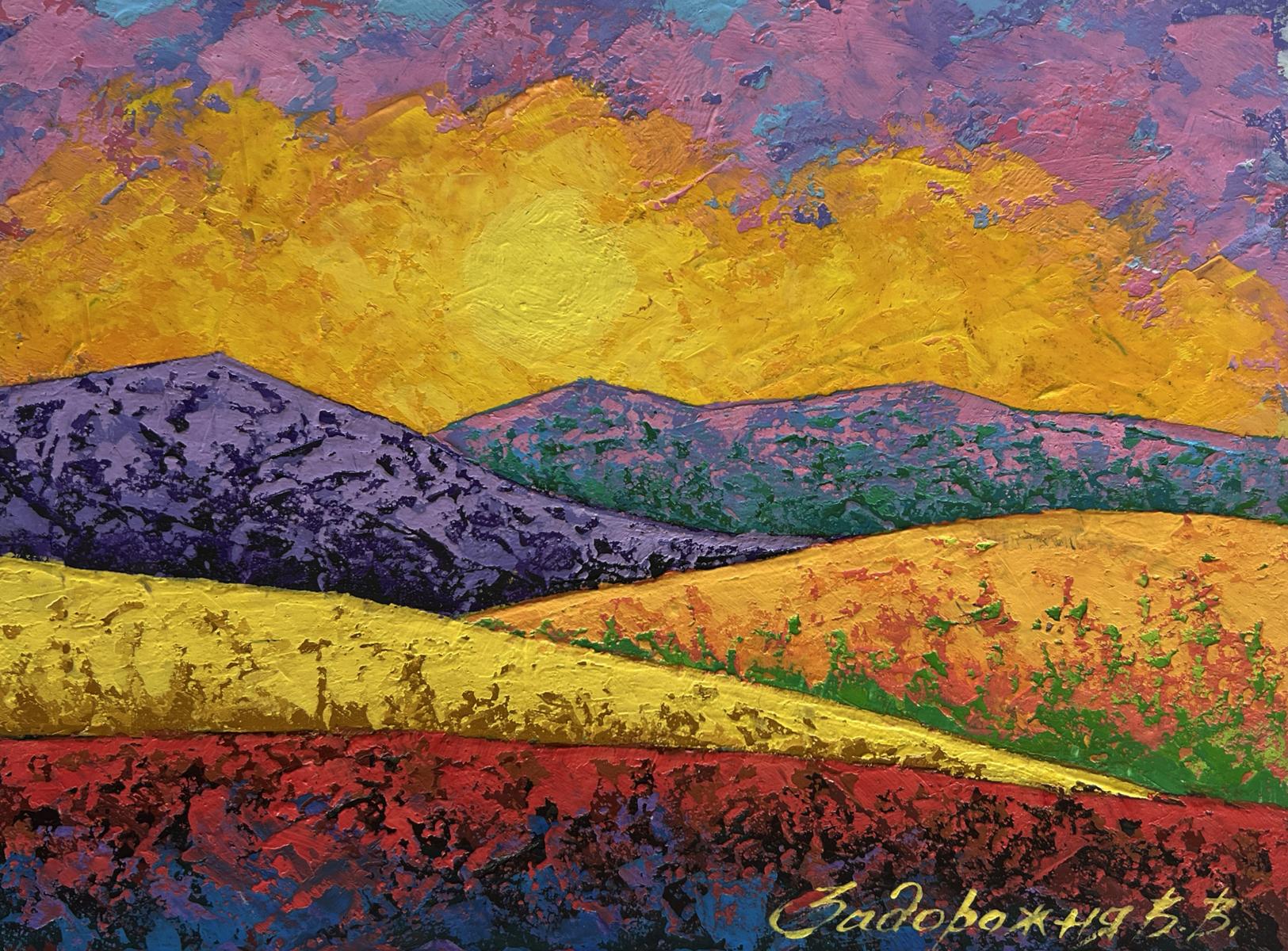Vibrant oil painting The blazing sky above the peaks by V. Zadorozhnya