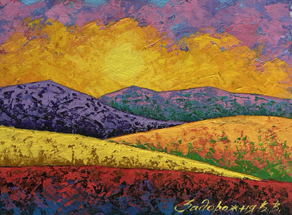 Vibrant oil painting The blazing sky above the peaks by V. Zadorozhnya