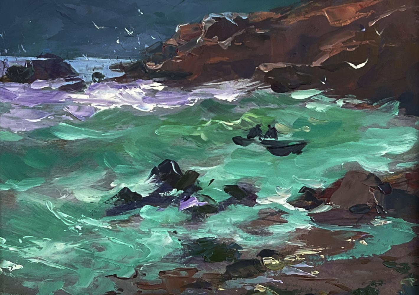 Oil painting Waves at the seashore by Yuriy Suprunchuk: rowboat in turbulent waves by cliffs
