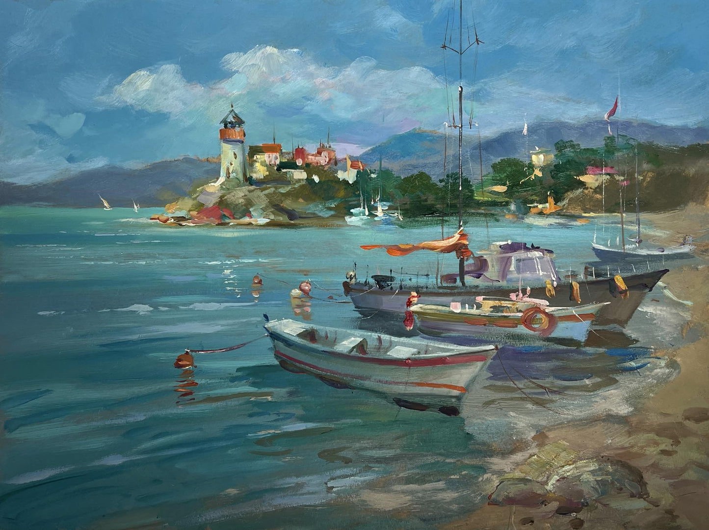 Oil painting of white rowboat with red trim on turquoise shore by Yuriy Suprunchuk
