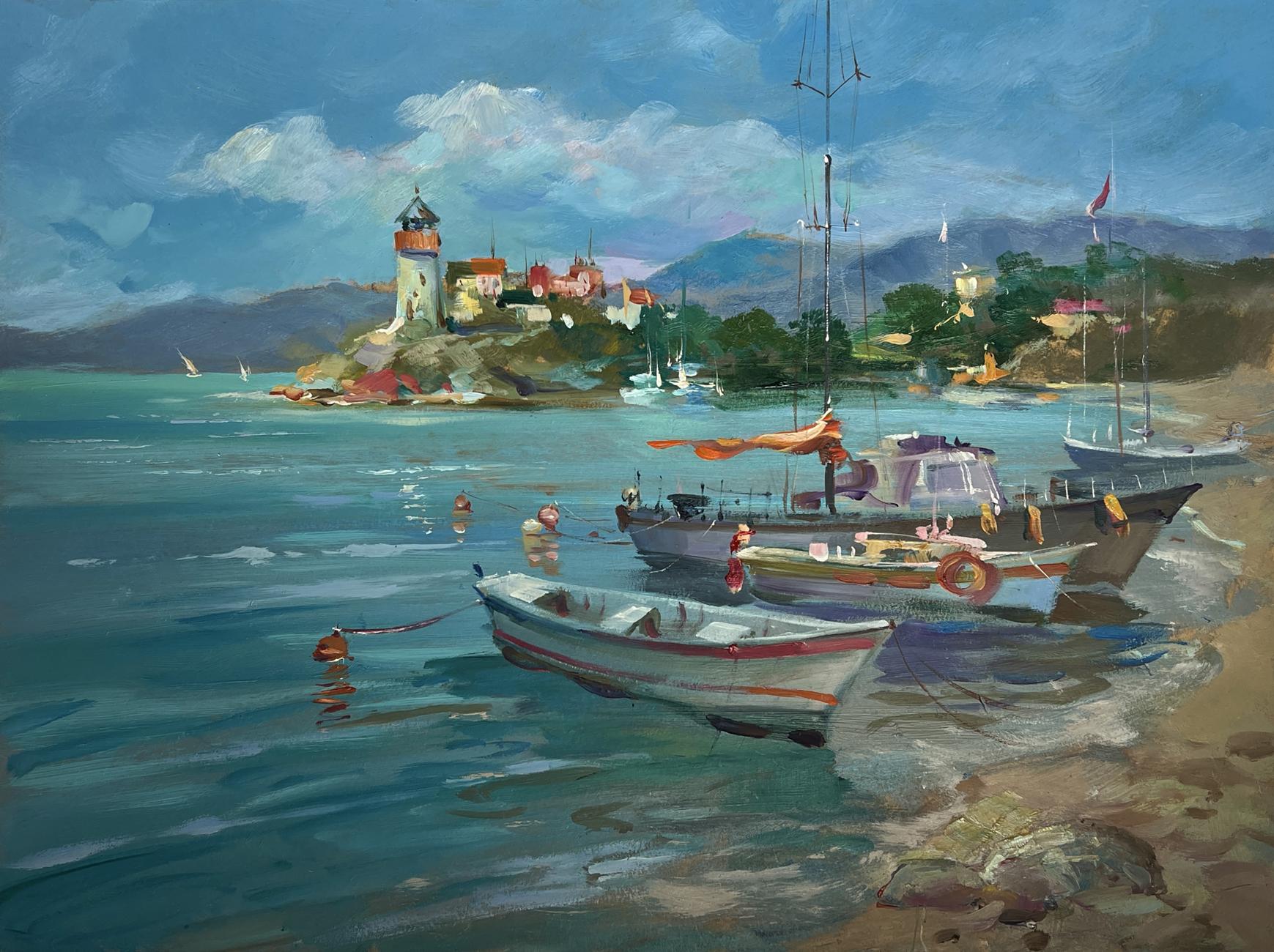 Oil painting of white rowboat with red trim on turquoise shore by Yuriy Suprunchuk