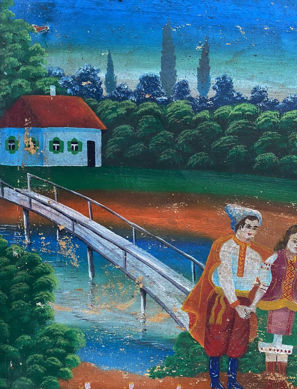 Oil painting of couple with swans under rustic wooden bridge