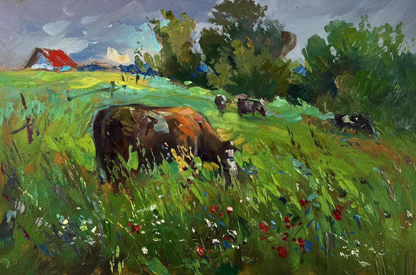 Oil painting by Yuriy Suprunchuk of brown cow grazing in flower field