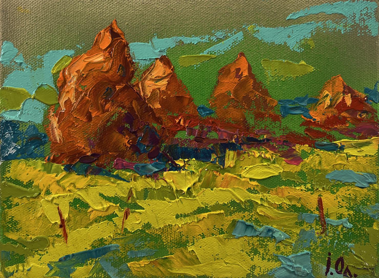 Vibrant orange rock formations in Oleksiy Ivanyuk Summer fields oil painting