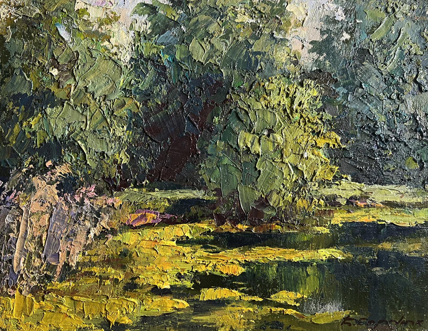 Impasto oil painting In the forest pond by Boris Serdyuk, lush green forest scene