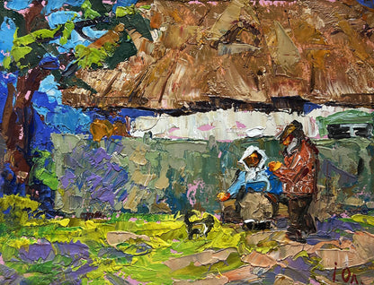 Vibrant impressionist oil painting Quiet village conversation by Oleksiy Ivanyuk