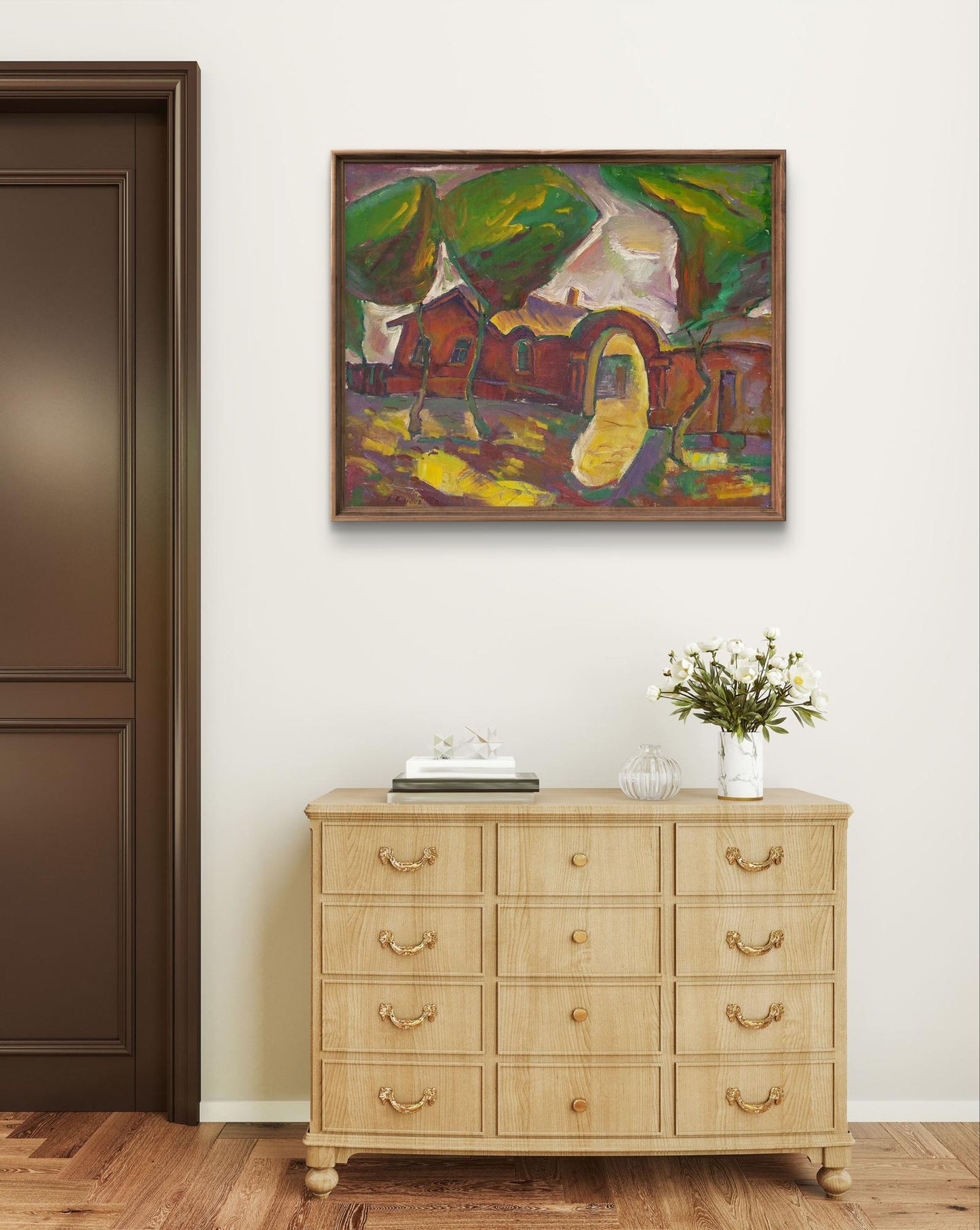 Oil painting of landscape with red house by Oleksandr Andreev on dresser