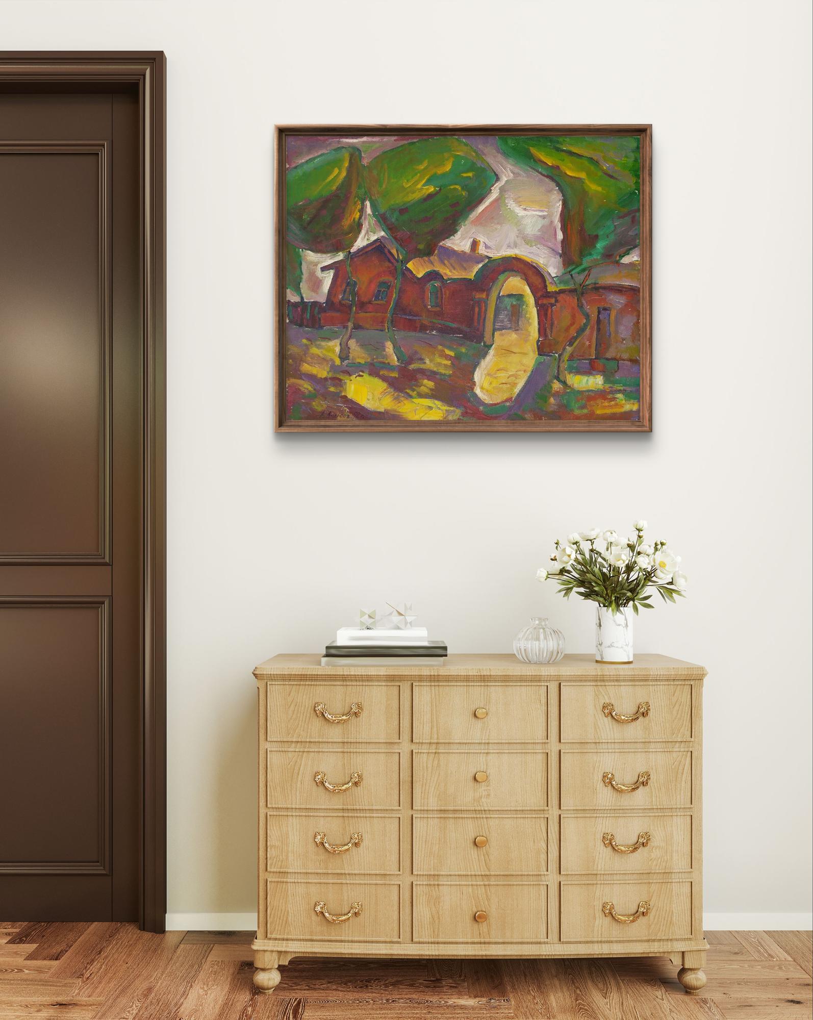 Oil painting of landscape with red house by Oleksandr Andreev on dresser