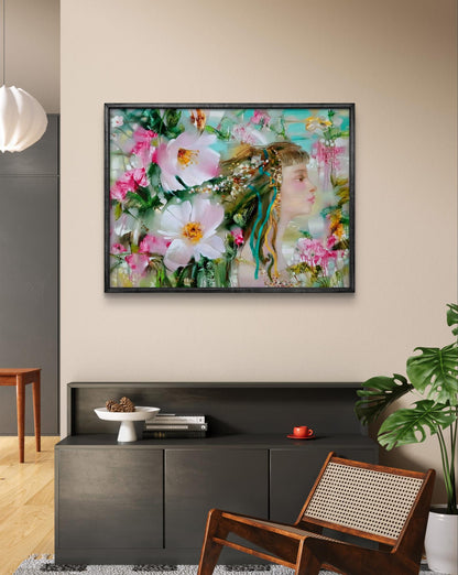 Abstract oil painting April by Anatoly Tarabanov with woman in flowers