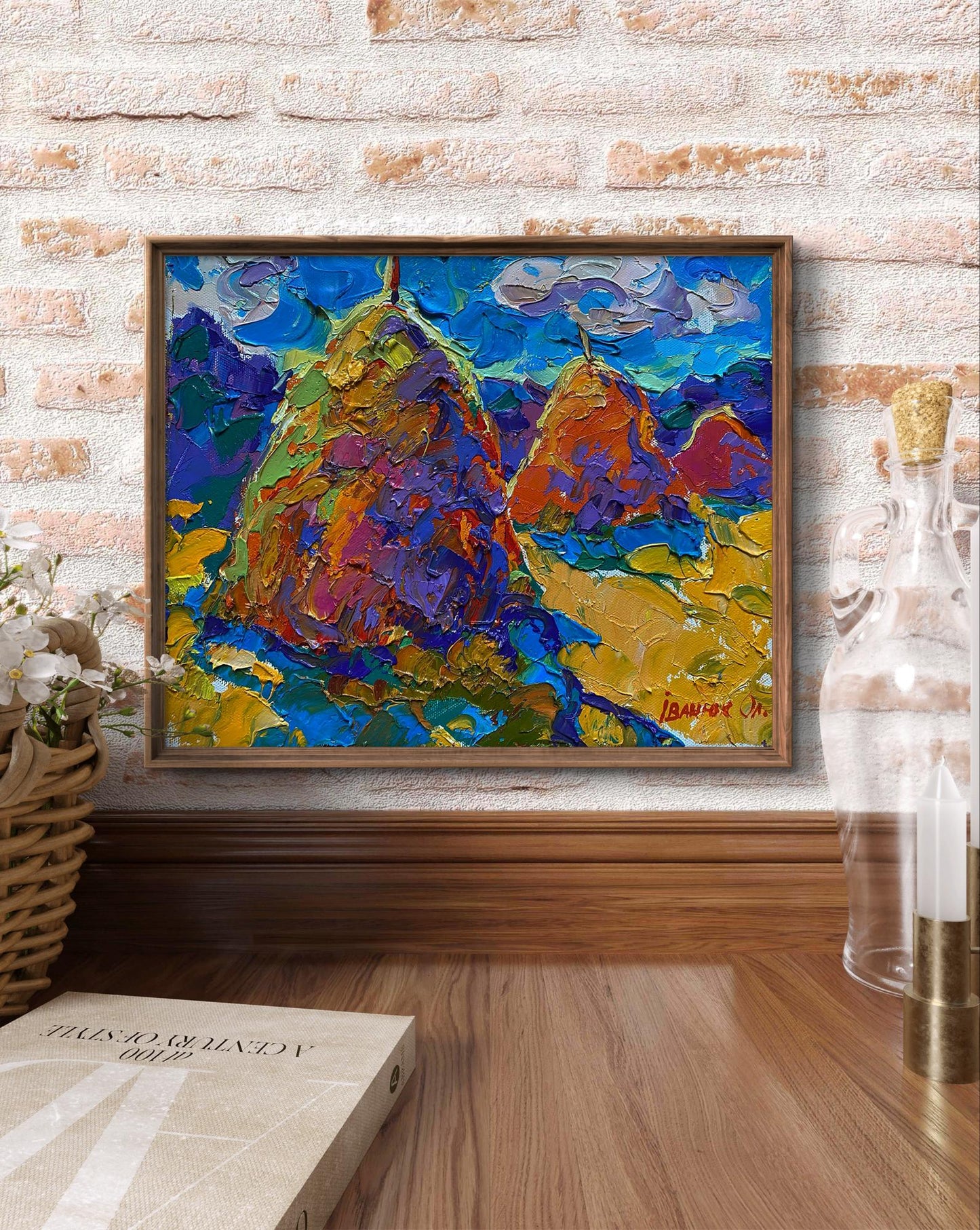 Oil painting of haystacks in summer field by Oleksiy Ivanyuk