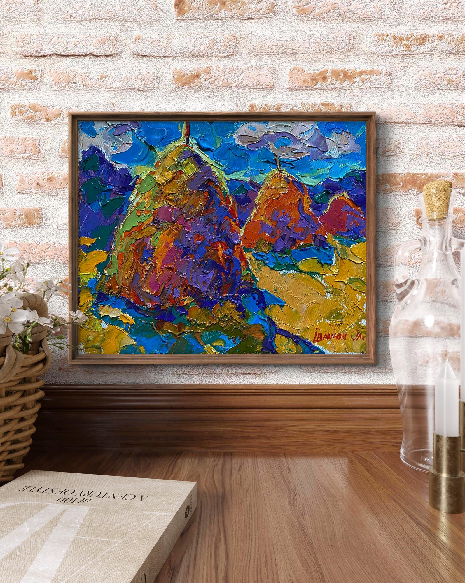 Oil painting of haystacks in summer field by Oleksiy Ivanyuk