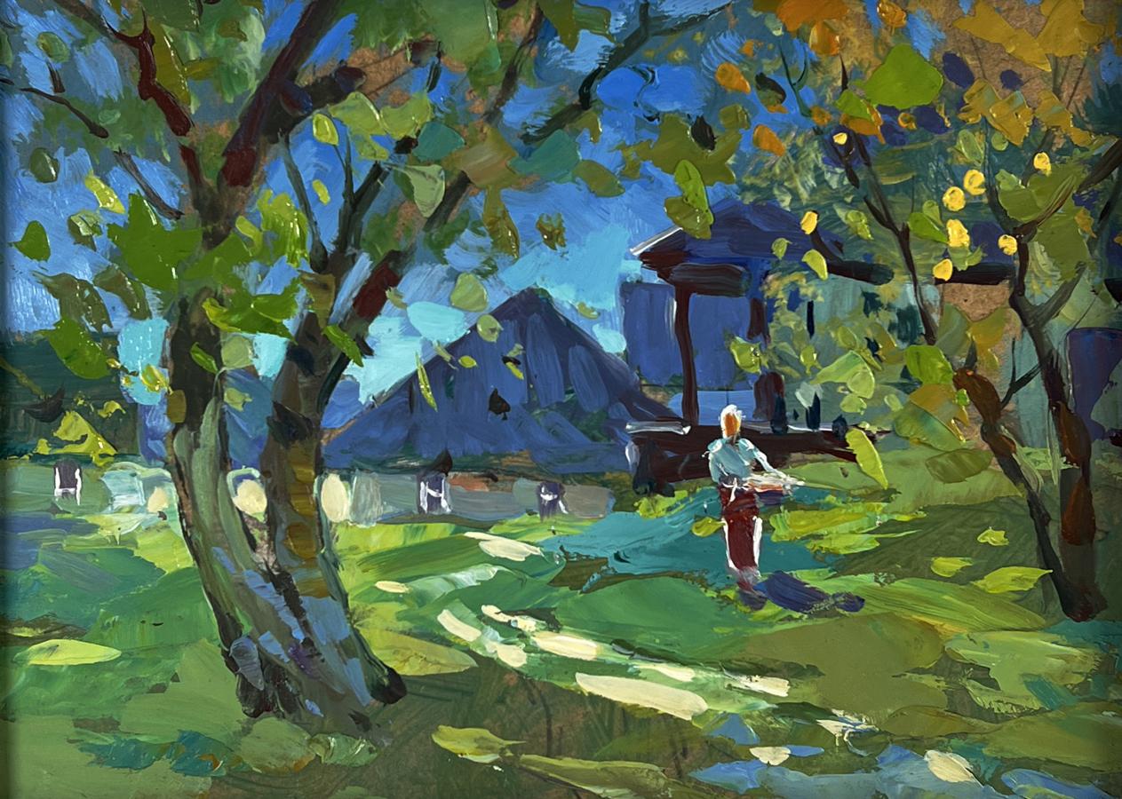 Vibrant impressionist oil painting Near the village houses by Yuriy Suprunchuk