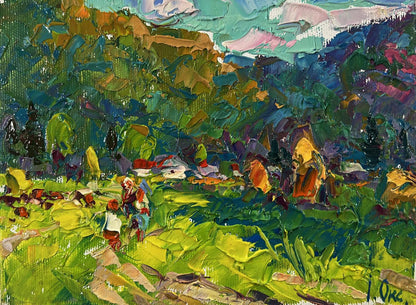 Vibrant impressionist oil painting by Oksana Ivanyuk of lush green hills in hot summer