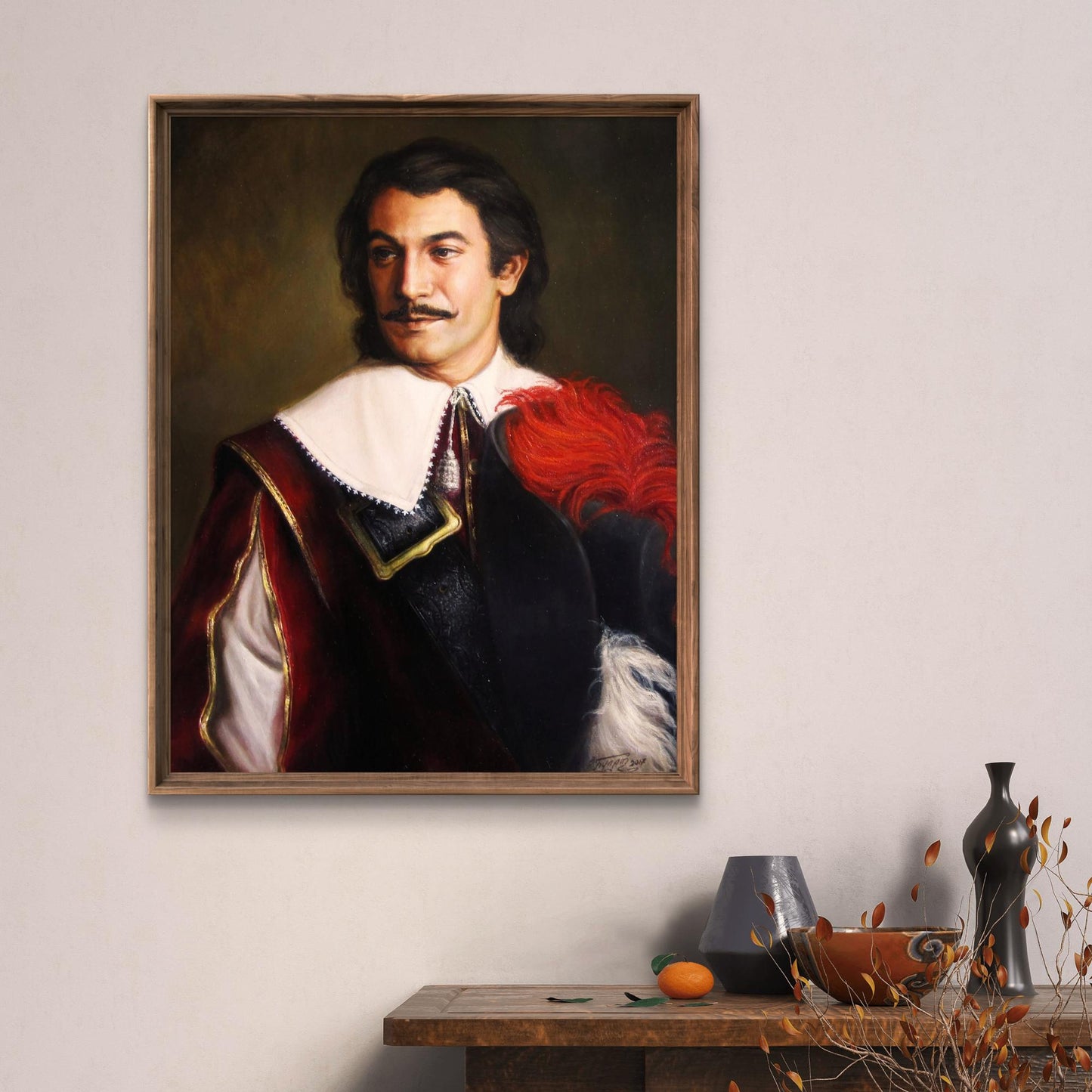 Framed oil painting portrait of The Brave Gascon Valeriy Bulat in red and gold attire
