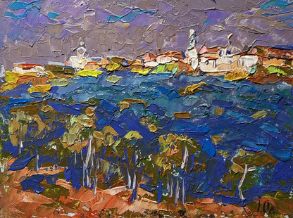 Vibrant impressionist oil painting of coastal village by Oleksiy Ivanyuk