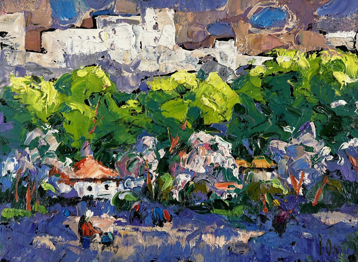 Vibrant impressionist oil painting by Oleksiy Ivanyuk of sunlit village