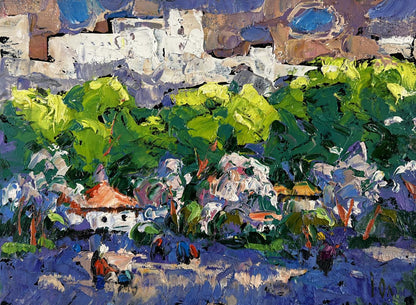 Vibrant impressionist oil painting by Oleksiy Ivanyuk of sunlit village