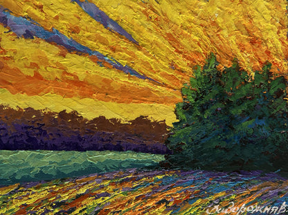 Vibrant impressionist oil painting Forest in the rays of the setting sun by V. Zadorozhnya