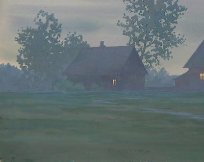 Watercolor painting of misty wooden house in village by Valery Savenets