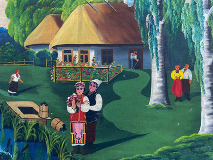 Vibrant folk art oil painting of thatched cottage, colorful dresses, lush greenery
