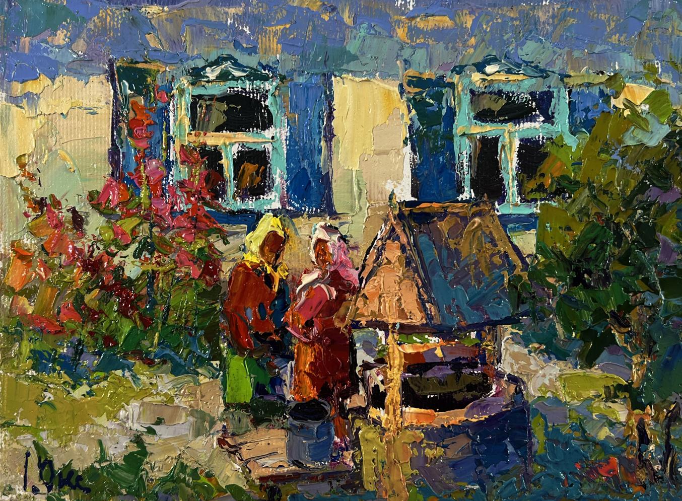 Oil painting At the well in the yard by Oksana Ivanyuk rustic wooden well