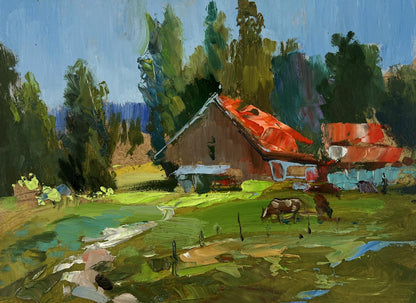 Oil painting by Yuriy Suprunchuk: rustic barn with red roof in green fields