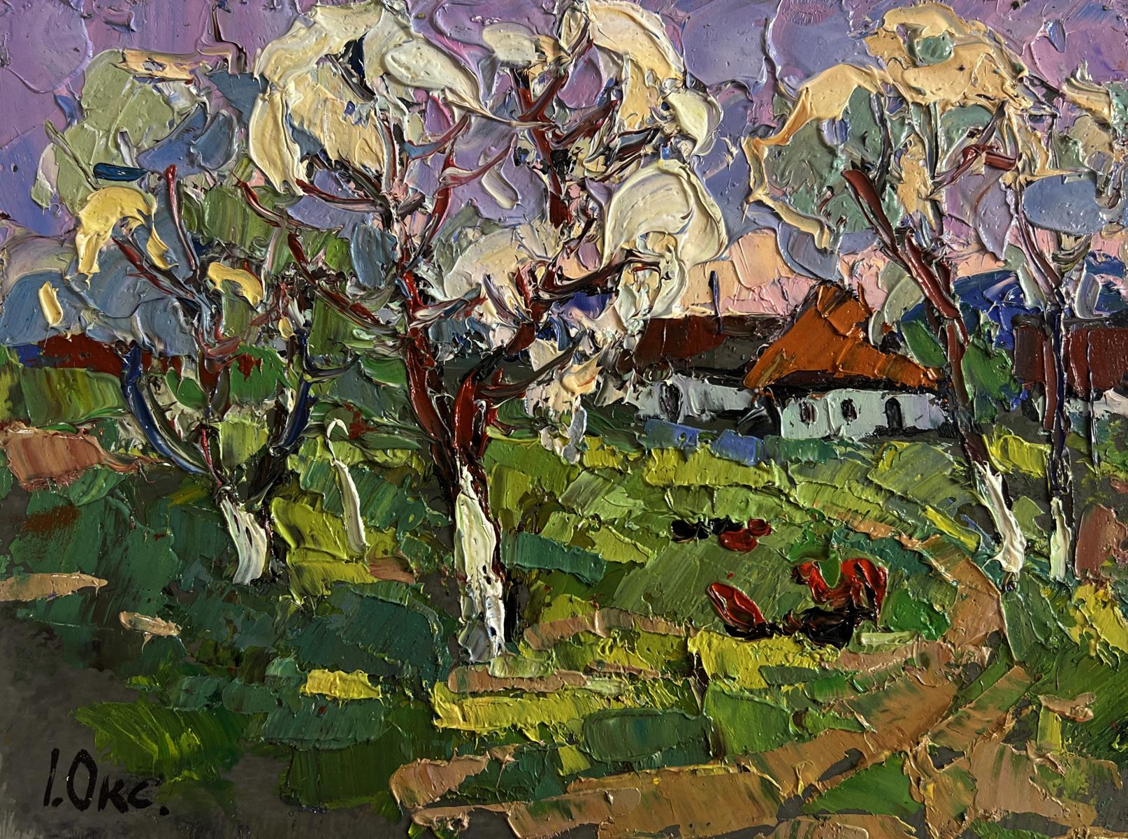 Vibrant impressionist oil painting by Oksana Ivanyuk: Spring scent of nature rural landscape