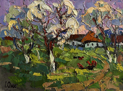 Vibrant impressionist oil painting by Oksana Ivanyuk: Spring scent of nature rural landscape