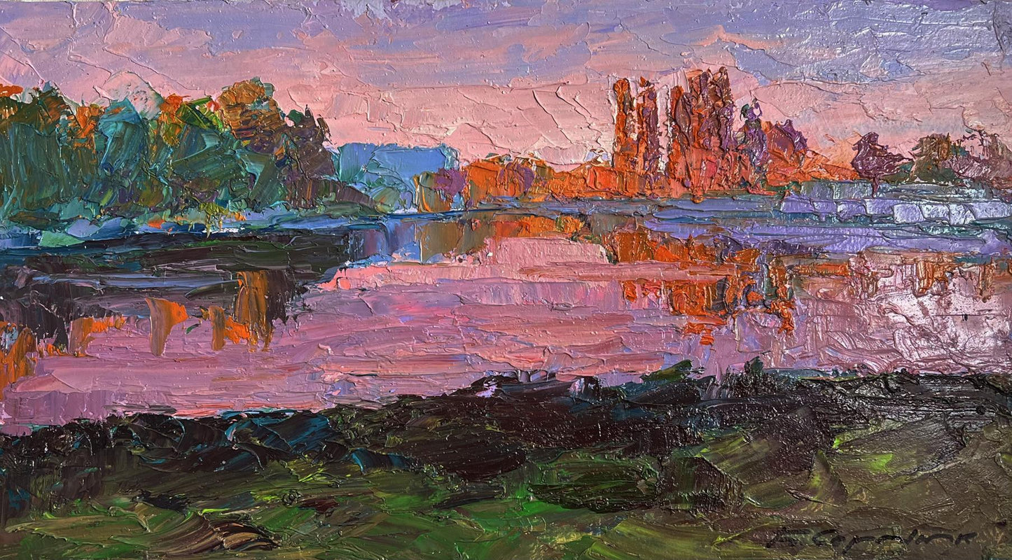 Oil painting Evening on the River by Boris Serdyuk lakeside dusk scene