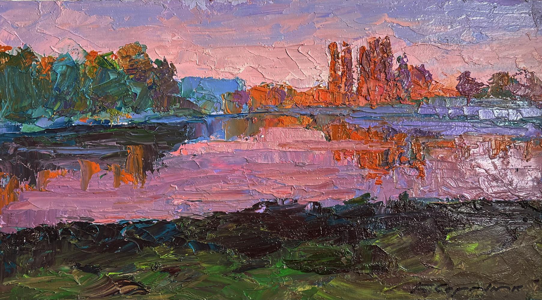 Oil painting Evening on the River by Boris Serdyuk lakeside dusk scene