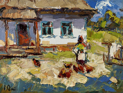 Oil painting Yard in August by Oksana Ivanyuk: rustic blue house with thatched roof