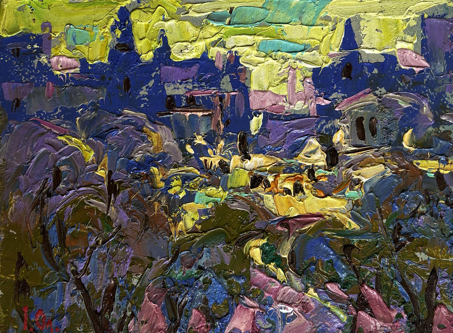 Vibrant Oleksiy Ivanyuk oil painting of yellow sunset cityscape with impasto strokes